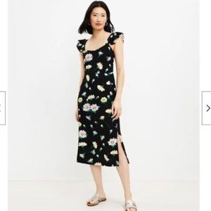 Loft black floral ruffled sleeve midi dress